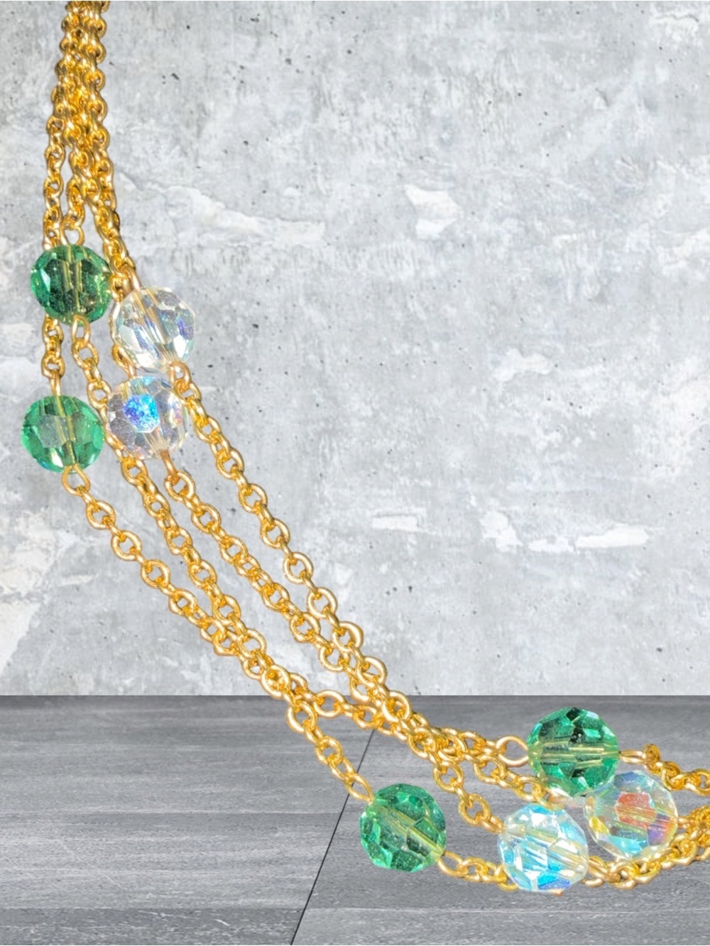 Vintage Gold Tone Crystal Bead Necklaces Set of 2 - Green & Aurora Borealis 30” - Picture 4 of 5